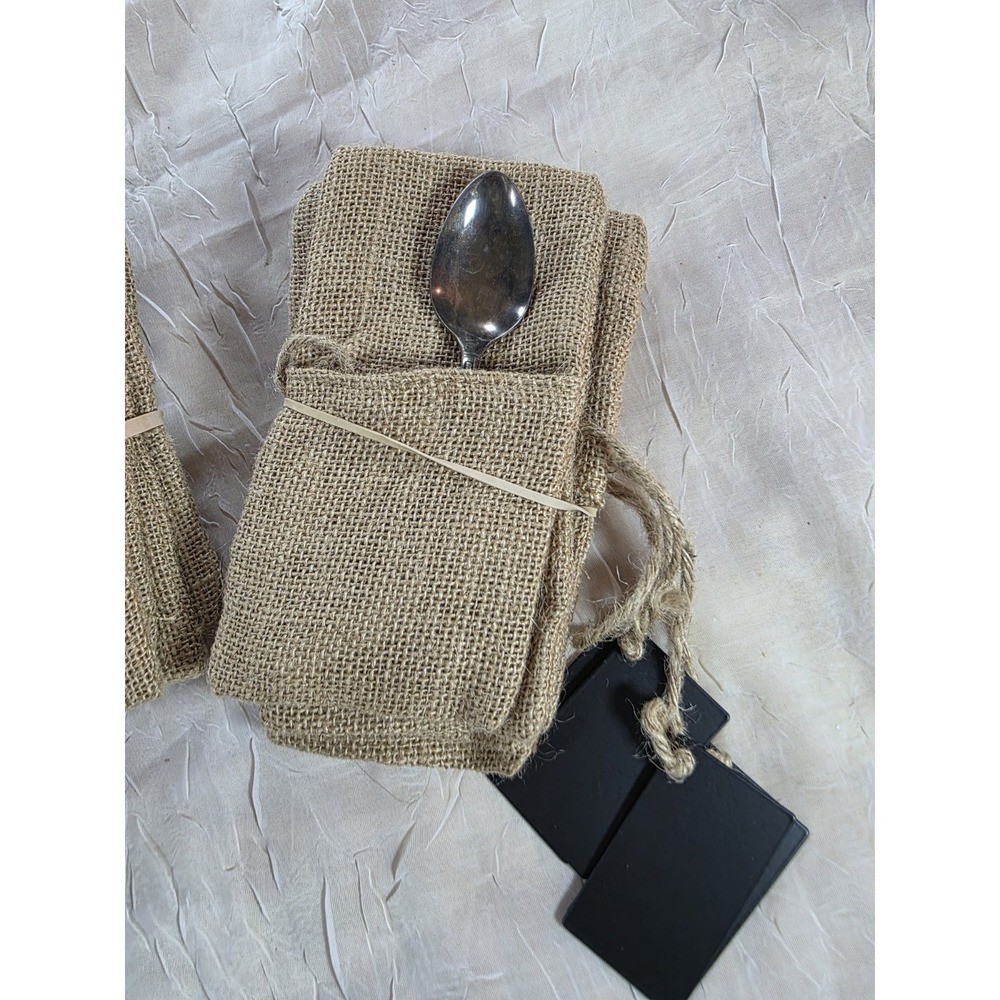 Burlap Utensil Holder Pouch 10 Pieces Reusable Silverware W/Chalk And Metal Tags